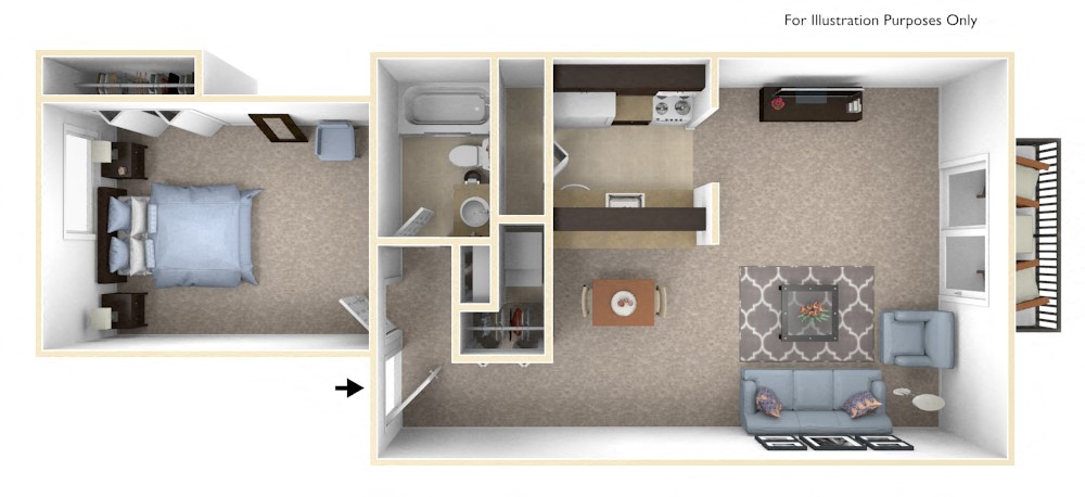 Floor plan for 1 bed, 1 bath, 680 sqft